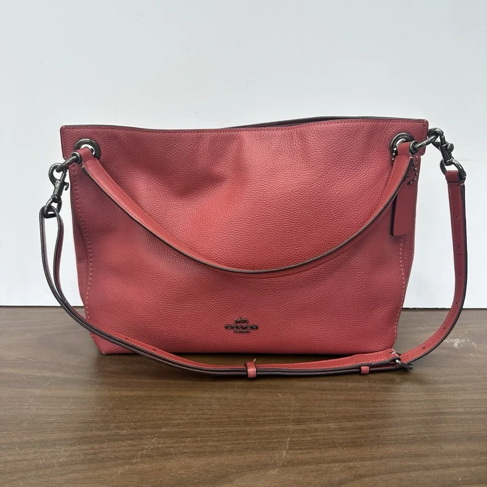Coach 24947 Clarkson Coral Pink Pebbled Leather Magnetic Hobo Shoulder Bag Purse